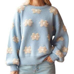 POL Oversized Sweater Blue Daisy Floral Drop Shoulder Size Medium NEW